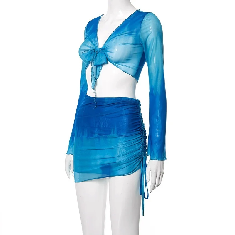 

2021 Sheer Mesh Tie Dye 2 Piece Sets Skirt Woman Long Sleeve V Neck Crop Top And Ruched Skirt Nigh Club Party Matching Set