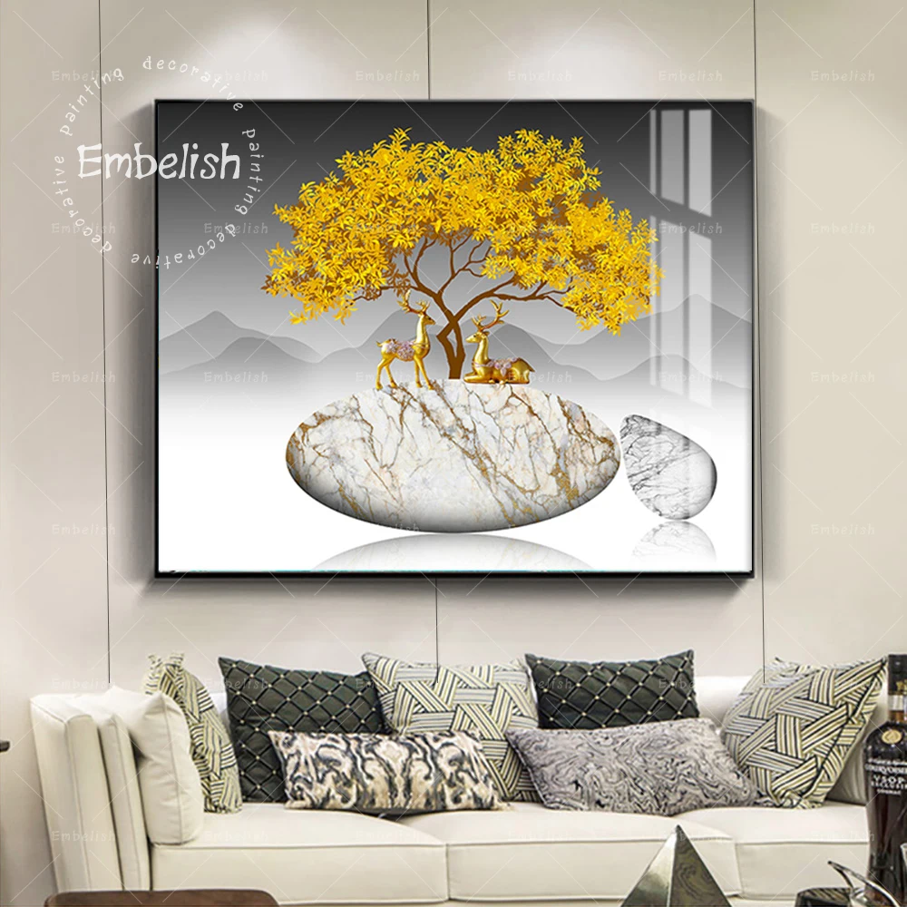 

1 Pieces Minimalist Artworks For Home Decorative Pictures For Living Room Deer And Golden Tree Landscape Wall Poster Paintings