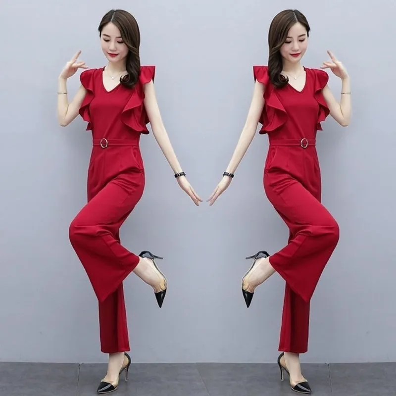 

2021 Summer Red Elegant Office Lady Solid Ruffle V-neck Sleeveless Jumpsuits High Waist Workwear Wide Leg Rompers Women Y643