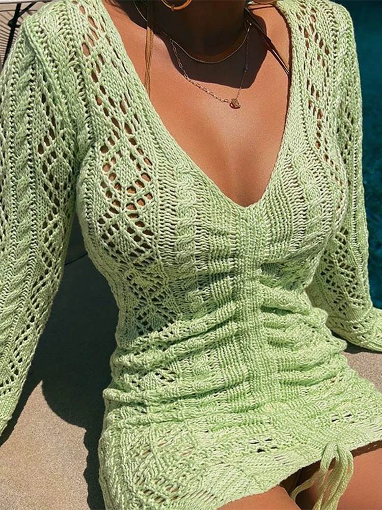 

Женское вязаное крючком платье Sanches, Пляжное летнее платье с длинным рукавом и V-образным вырезом, короткая пляжная одежда с кулиской, одното...