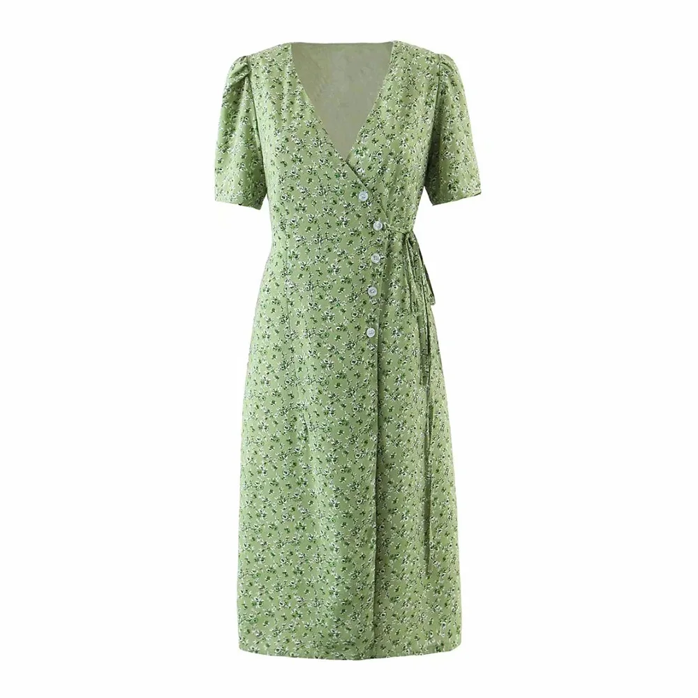 

BBWM Women V-Neck Wrap Midi Dress 2021 Summer New Floral Print Side Buttons Lace-Up Waist Dresses Ladies Holiday Robe