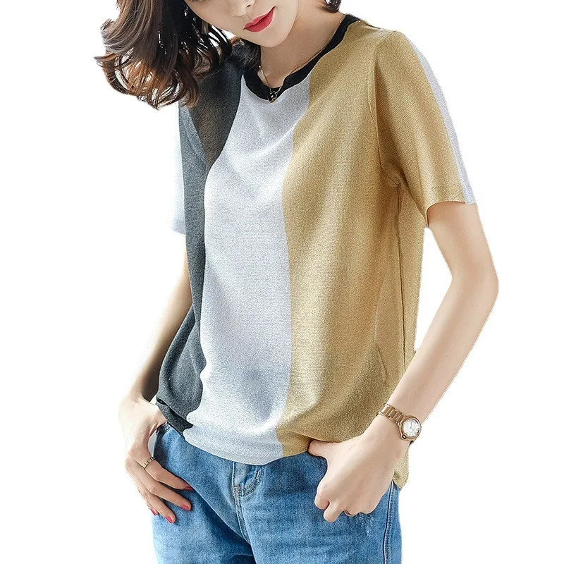 

2021 Summer Ice Silk Cotton Thin Knitted Tops Women O-neck Short Sleeve Loose Shirt Korean Casual Patchwork Femme Jumper