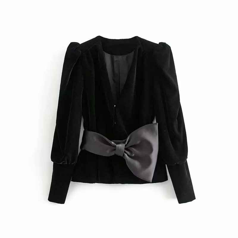 Women Velvet Jacket Elegant Lady Deep V Neck Big Bow Sashes Long Puff Sleeve Coat Winter Chic Female Outwear Office Suit | Женская