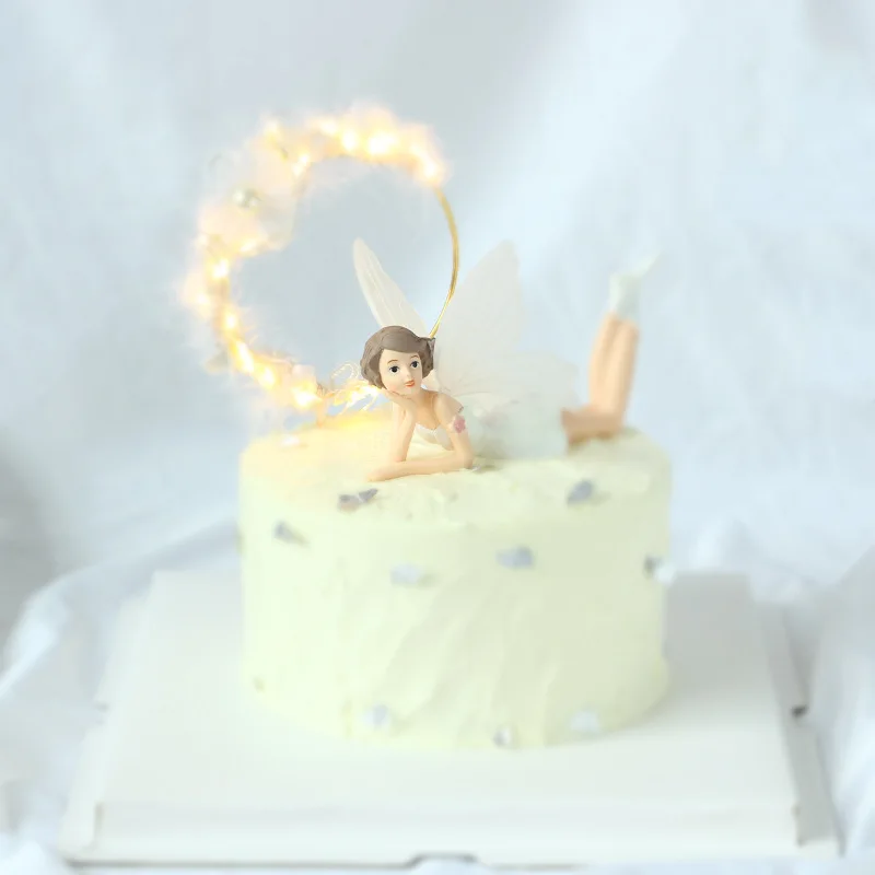 Angel Happy Birthday Cake Topper - 3 Designs - Beautiful Angels with Iron Garland Lace Feather - Romantic Wedding Cake Decoration image 2