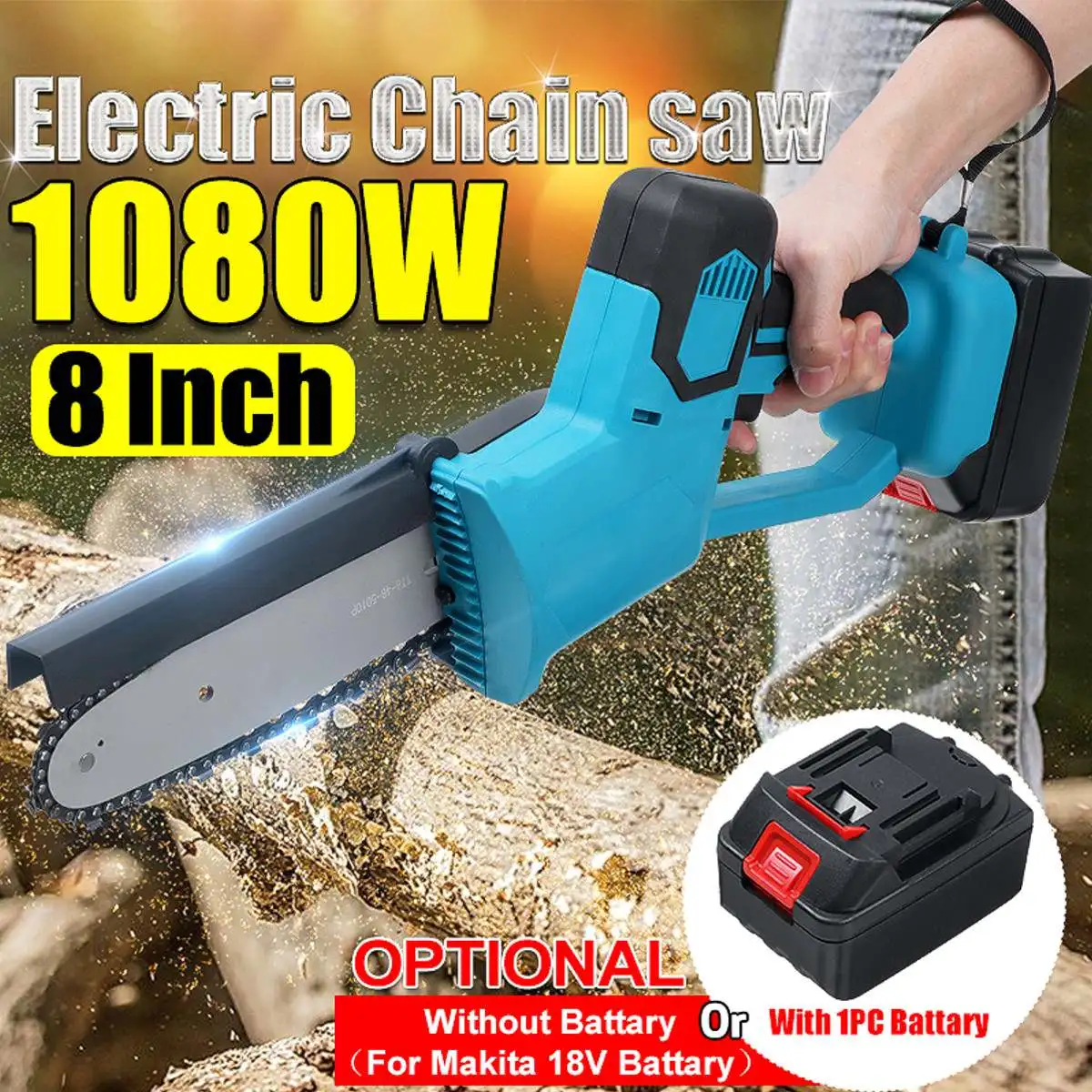 

1080W 8 Inch Electric Saws Chainsaw 1400rpm Handheld Garden Wood Cutting Tool with 1PC 3000mAh Battery Rechargeable For Makita