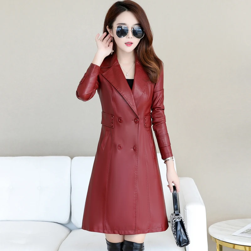 

Новая мода для женщин 2020 куртки высокого качества мягкий искусственный тонкий длинный PU кожаный Тренч пальто размера плюс 5XL