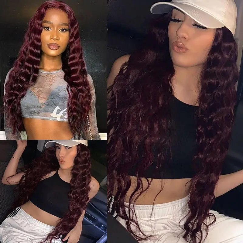 Бразильские вплетаемые волосы 3 пряди с закрытием темно красные волнистые