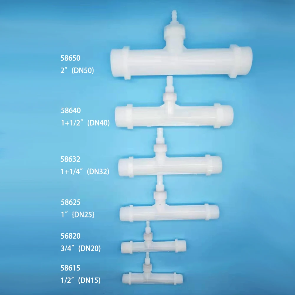 Эжектор Вентури, PVDF 1/2 дюйма, 3/4 дюйма, 1 дюйма, 1,25 дюйма, 1,5 дюйма, 2 дюйма, смешанный озон с водой со встроенным обратным клапаном для предотвращения окисления - изображение