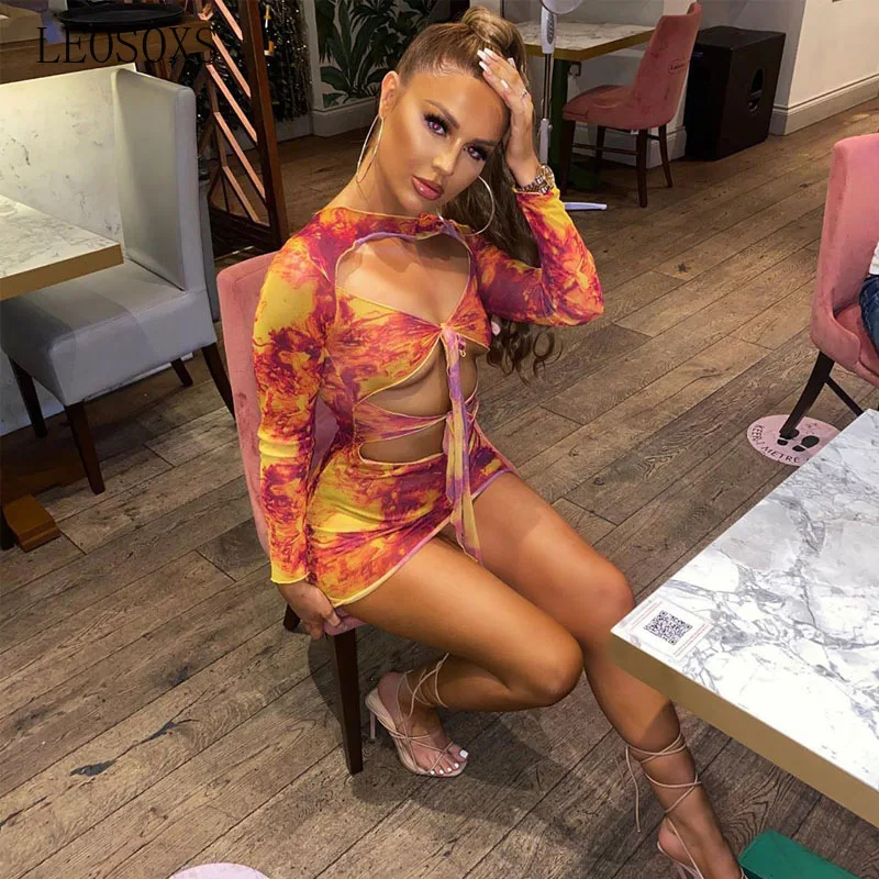 

LEOSOXSTie Dye Cut Out Sexy Bandage Mini Dress 2021 Summer Women Fashion Mesh See-Through Club Party Dresses Women's Streetwear