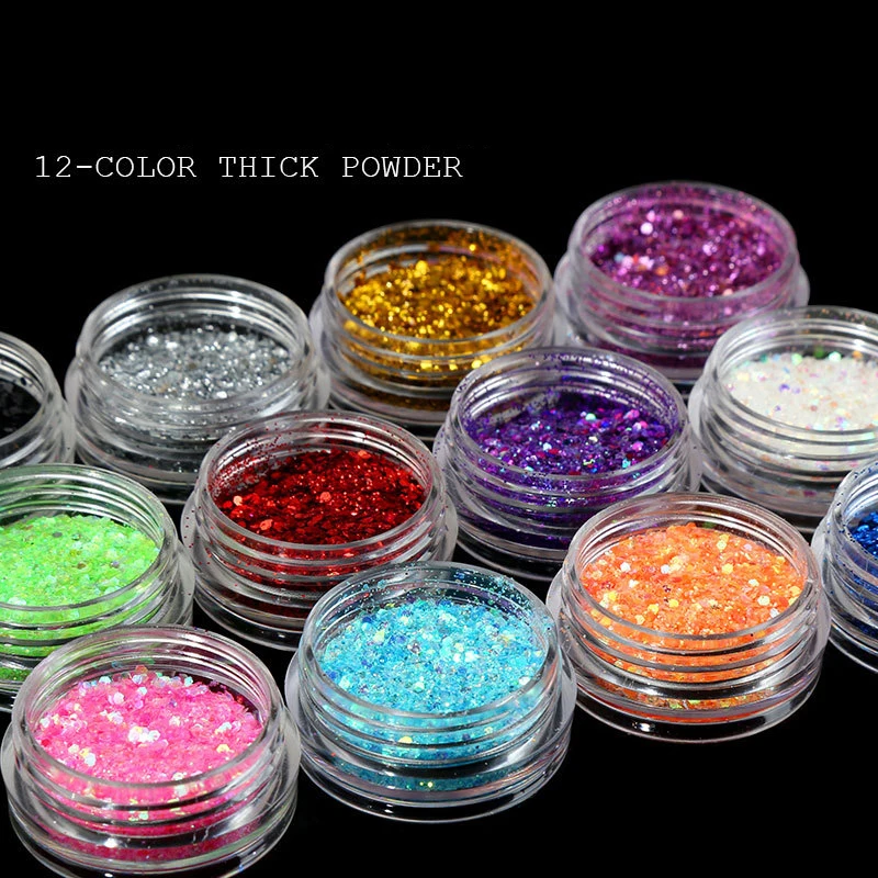 Набор блестящих порошков для ногтей разных цветов 12 шт. лазерные блестки