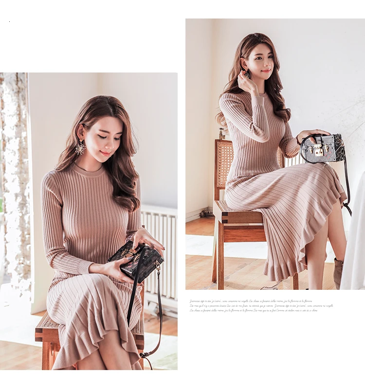 Женское платье с круглым вырезом и длинным рукавом кружевное трикотажное