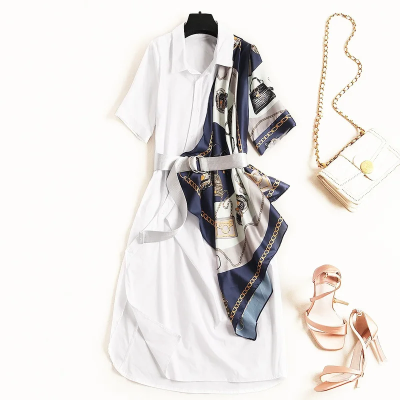 

Europe Plus Size Single-row Button Turn Collar Fashion Summer Printed Stitching 3/4 Sleeves Sashes Shirt Style Women Dress