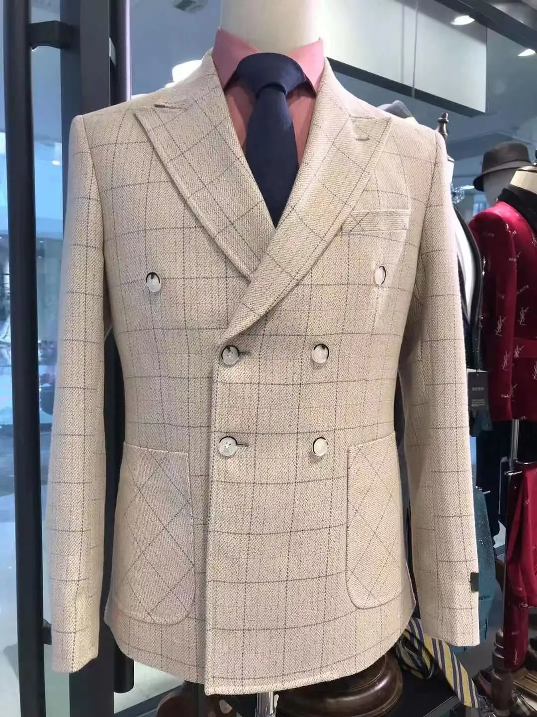 

Мужской двубортный Свадебный костюм в клетку, бежевый облегающий костюм для жениха из 2 предметов, Модный повседневный Блейзер и брюки для в...