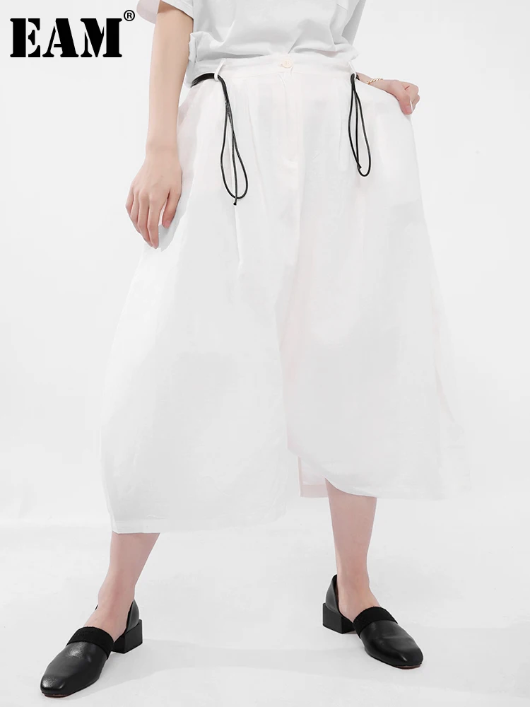 

[EAM] High Waist Black Drawstring Long Wide Leg Trousers New Loose Fit Pants Women Fashion Tide Spring Summer 2021 JR5050