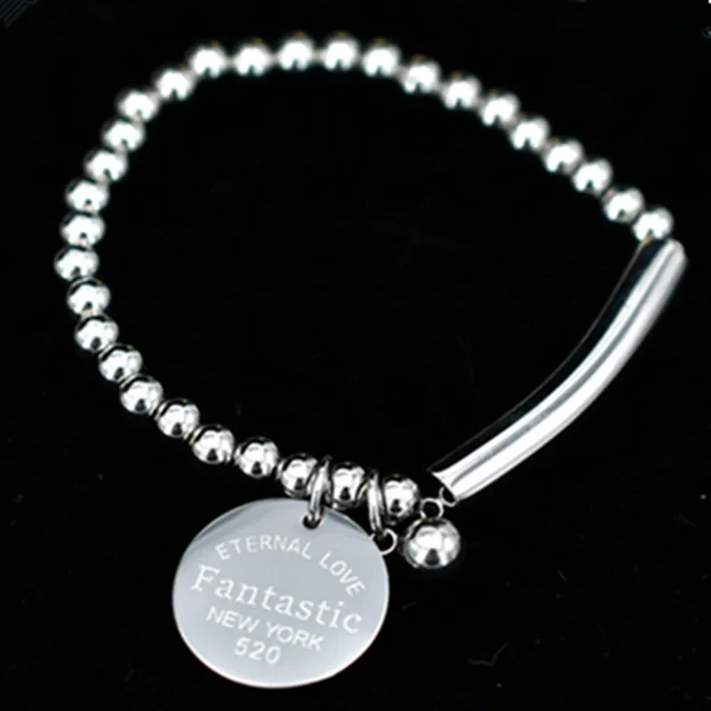 

Stainless Steel Ball Beads Bracelet For Women Circle Tag Charm Stretch Strand Bracelet "Fantastic Eternal Love New York" K001-8