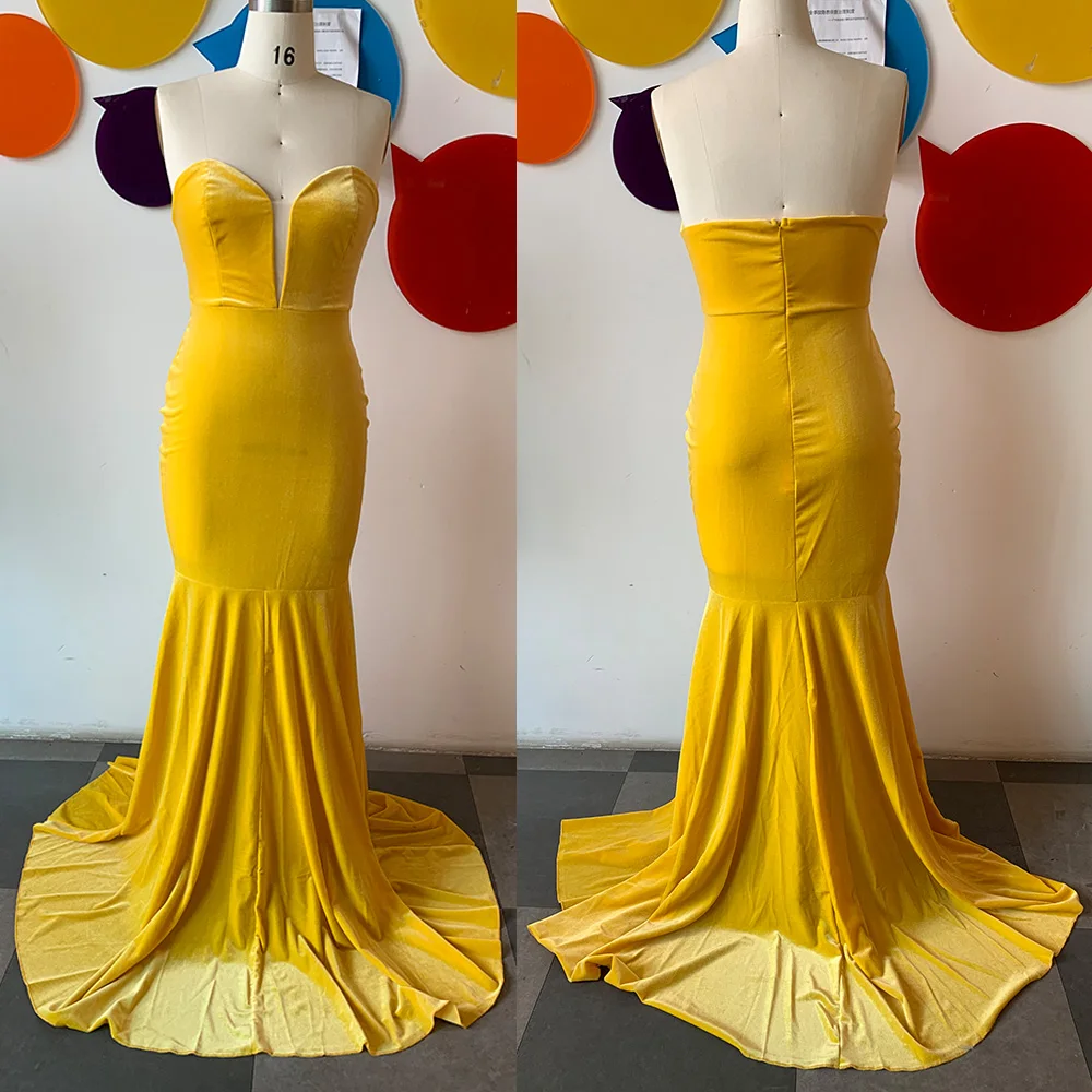 Желтое длинное вечернее платье без бретелек женское элегантное свадебное