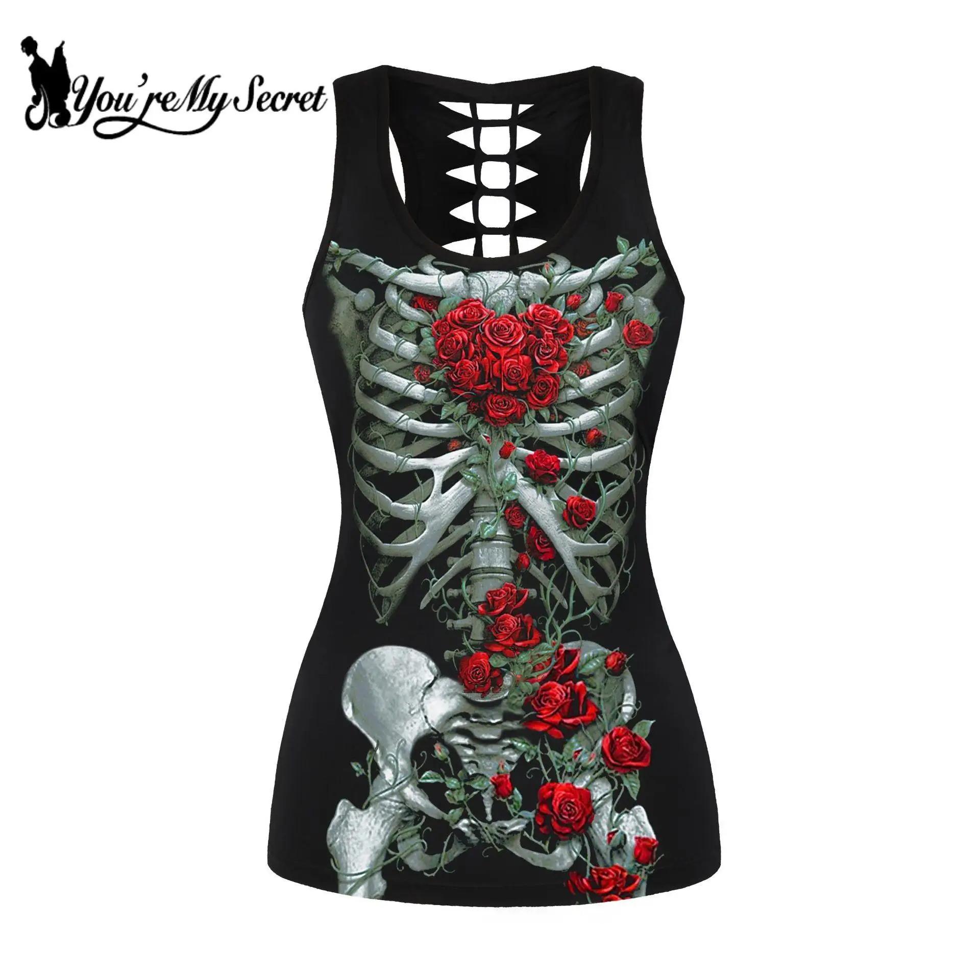 Женский топ без рукавов [You Are My Secret] черный в готическом стиле с вырезами розовым