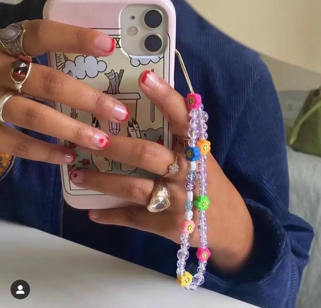 

Cute Colorful Soft Pottery Sun Flower Smiley Face Transparent Round Beads Mobile Phone Anti-Lost Lanyard Chain Women's Jewelry
