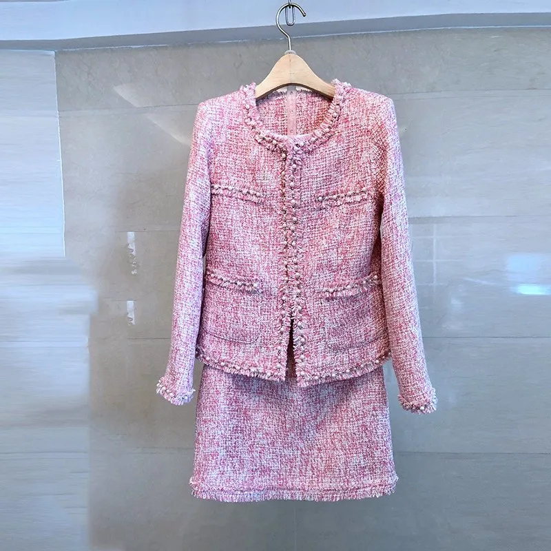 Autumn Winter Women Tassels Mini Skirt Two Piece Set Brand Slim Fit Tweed Jacket Outfits Twill Formal Office Ladies Suit Sets |
