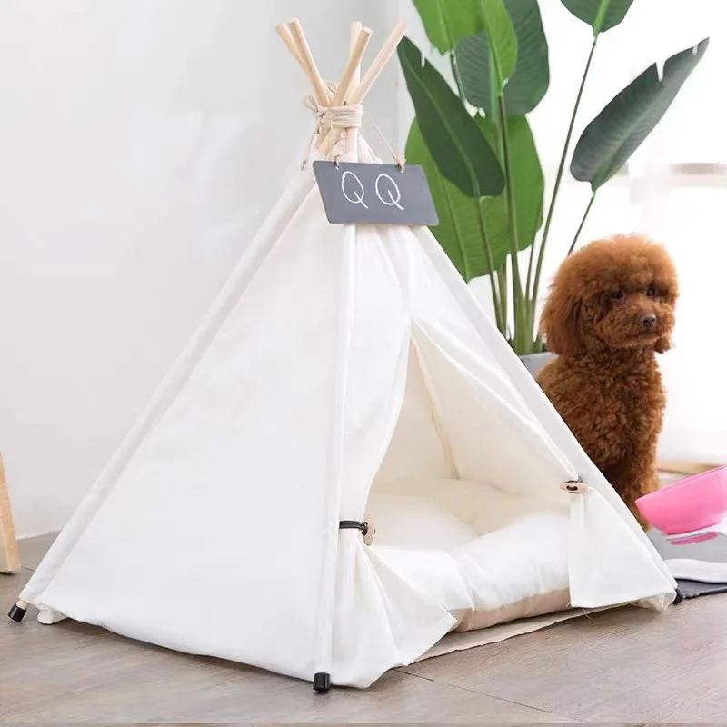 

Portable Pet Dog Tent House Cat Dog Outdoor Indoor Teepee with Cushion Cartoon Print Washable Linen Bed and House for Dog