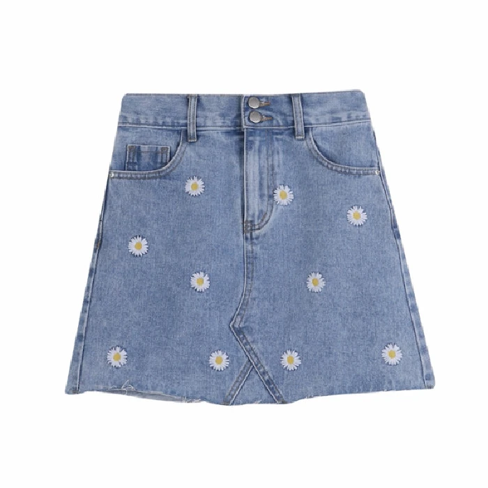 

Women's high waist Embroidered Flower A-line denim skirt fashion sky blue burr denim skirt Plus Size Skirt Office Mini Skirt