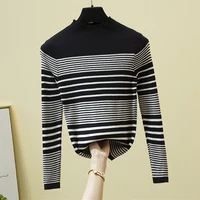 knitted pullover women sweater autumn winter half high collar striped sweaters ladies 2022 long sleeve top slim sweater mujer
