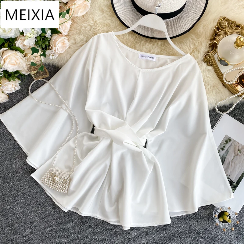 

MEIXIA Women's Shirt Spring Autumn New Tide Ins Super Fire Lacing Waist Lady Temperament Flare Sleeve Solid O-neck Wild Shirt