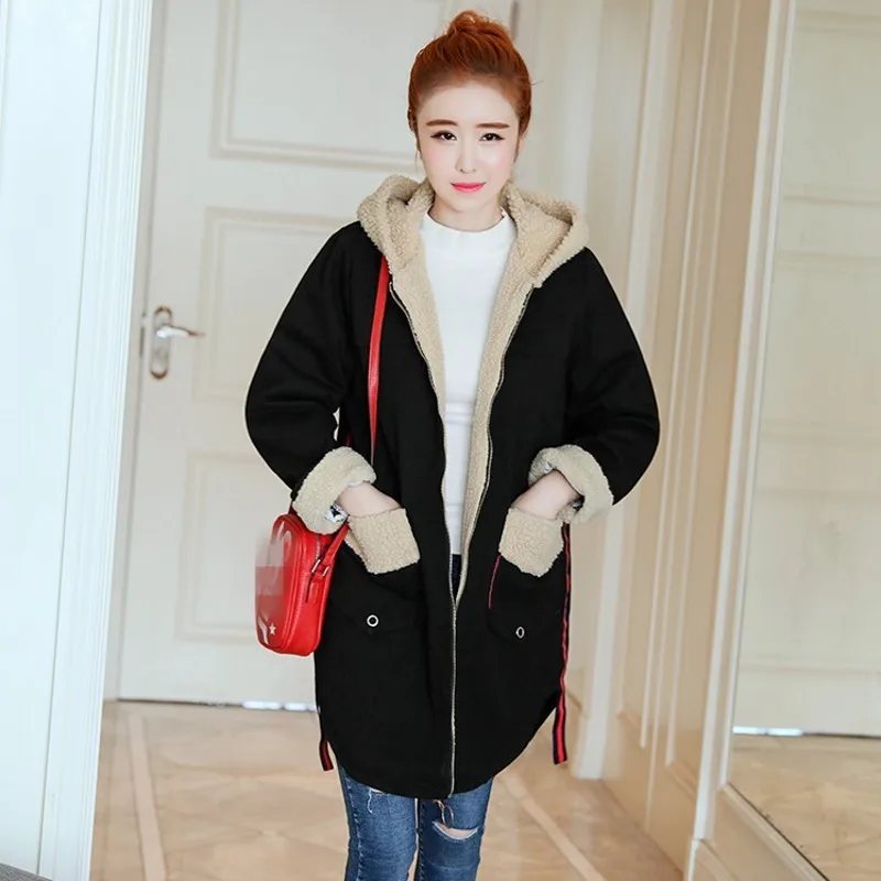Зимние теплые женские толстые джинсовые пальто с капюшоном и подкладкой из