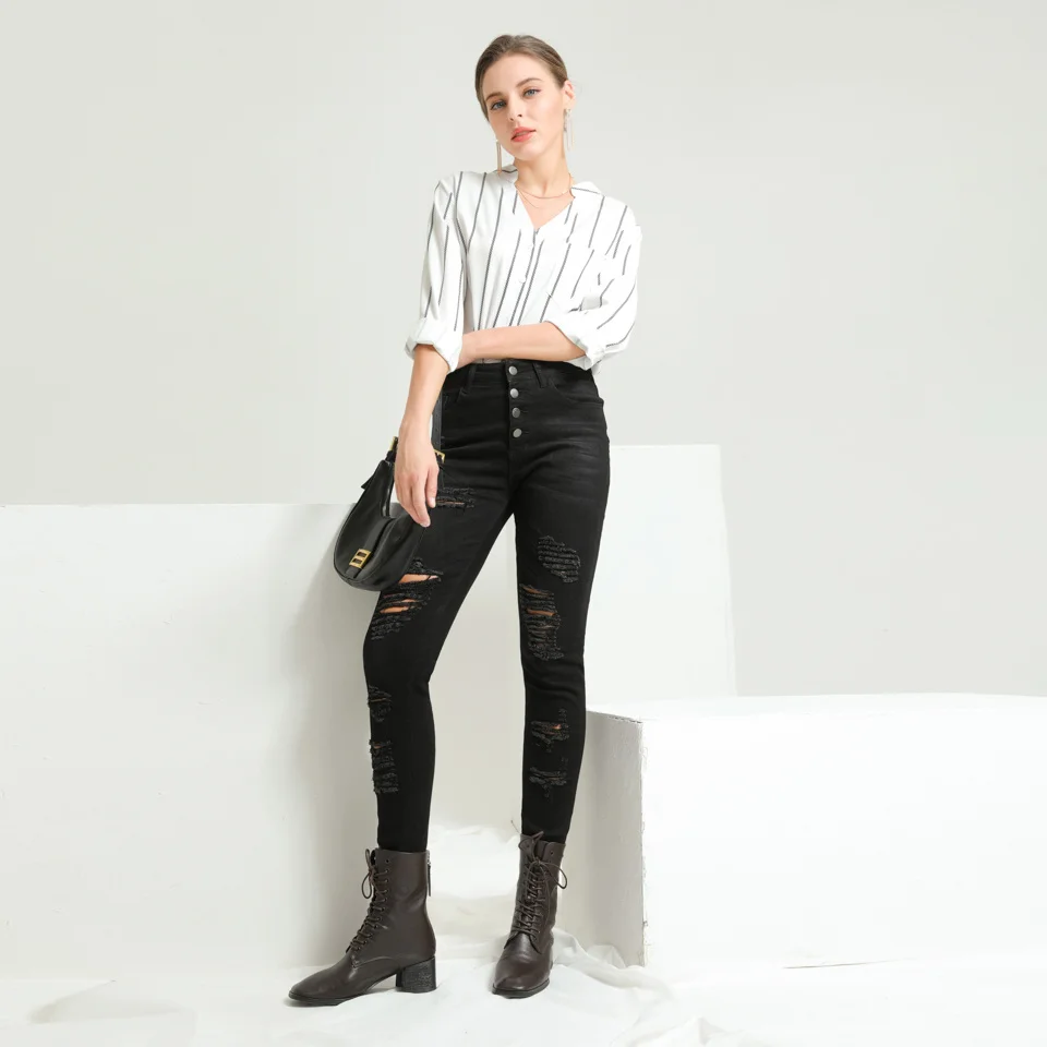 

Осенние модные женские джинсы, черные потертые обтягивающие брюки с высокой талией, уличная одежда для мам, рваные брюки для женщин