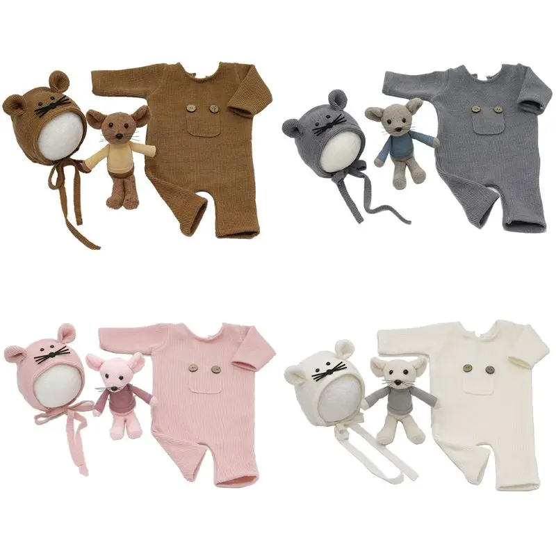 

3 Pcs/set Newborn Photography Props Suit Knitted Cotton Jumpsuit Hat Mouse Doll