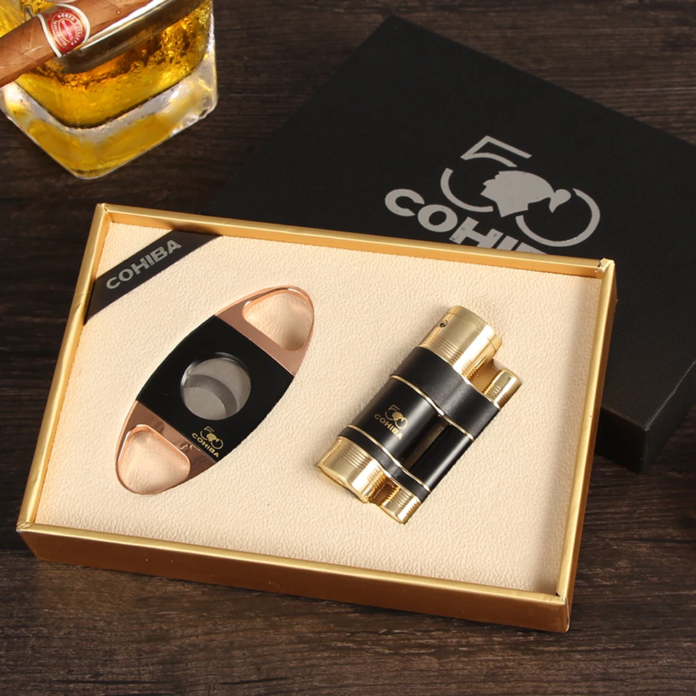 

COHIBA Cigar Accessories Set Metal Lighter Cigar Cutter Butane Gas Cigar Torch Lighter Smoking Tobacco Cutting Sharp Guillotine