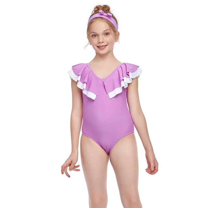 Детские Слитные купальники с оборками без рукавов круглым вырезом для девочек на