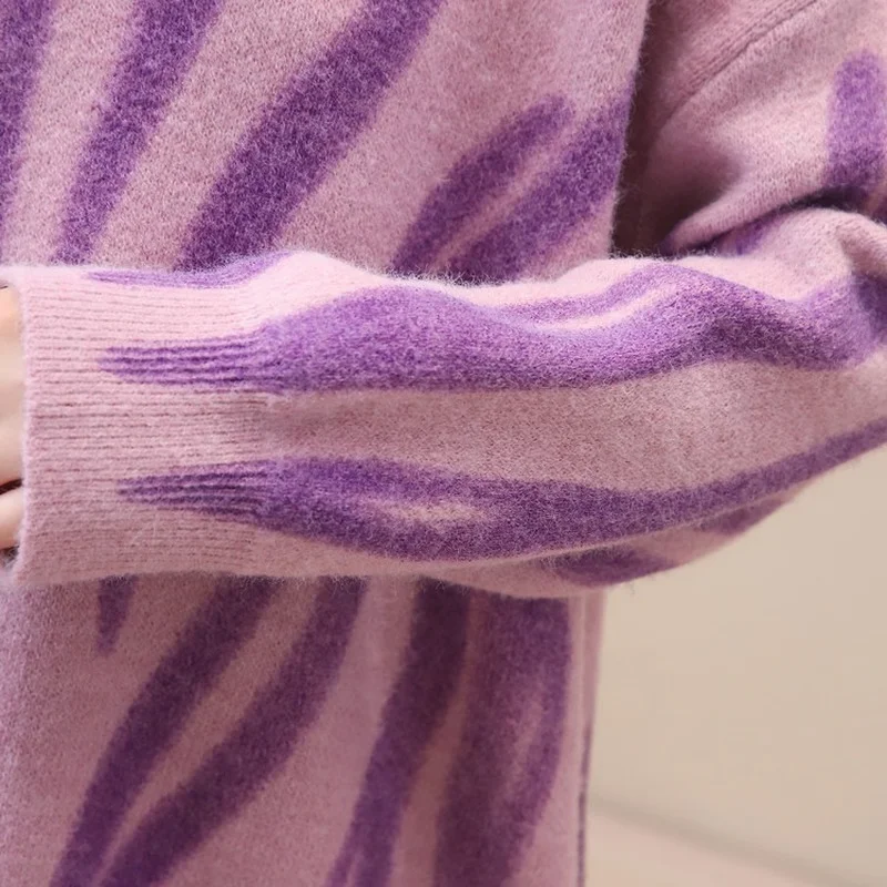 

Winter Pullovers Sweater Women Striped Printed Knitted Sweat Femme Loose Long Crew Neck Knitwear Ladies Oversize Sweaters