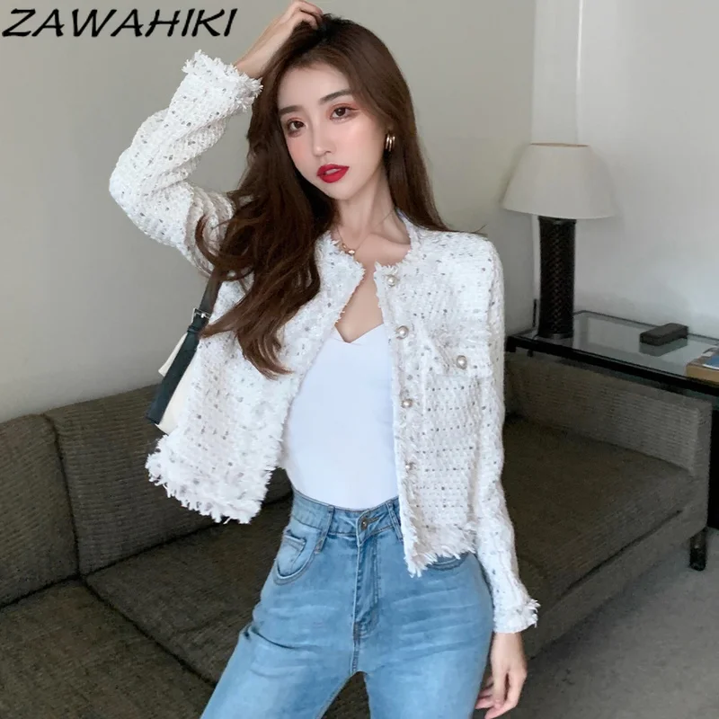 

ZAWAHIKI Women's Autumn Coat New Short French Wild Tops Long Sleeve O Neck Outerwear Dot Print Pockets Fashion Elegant Jacket