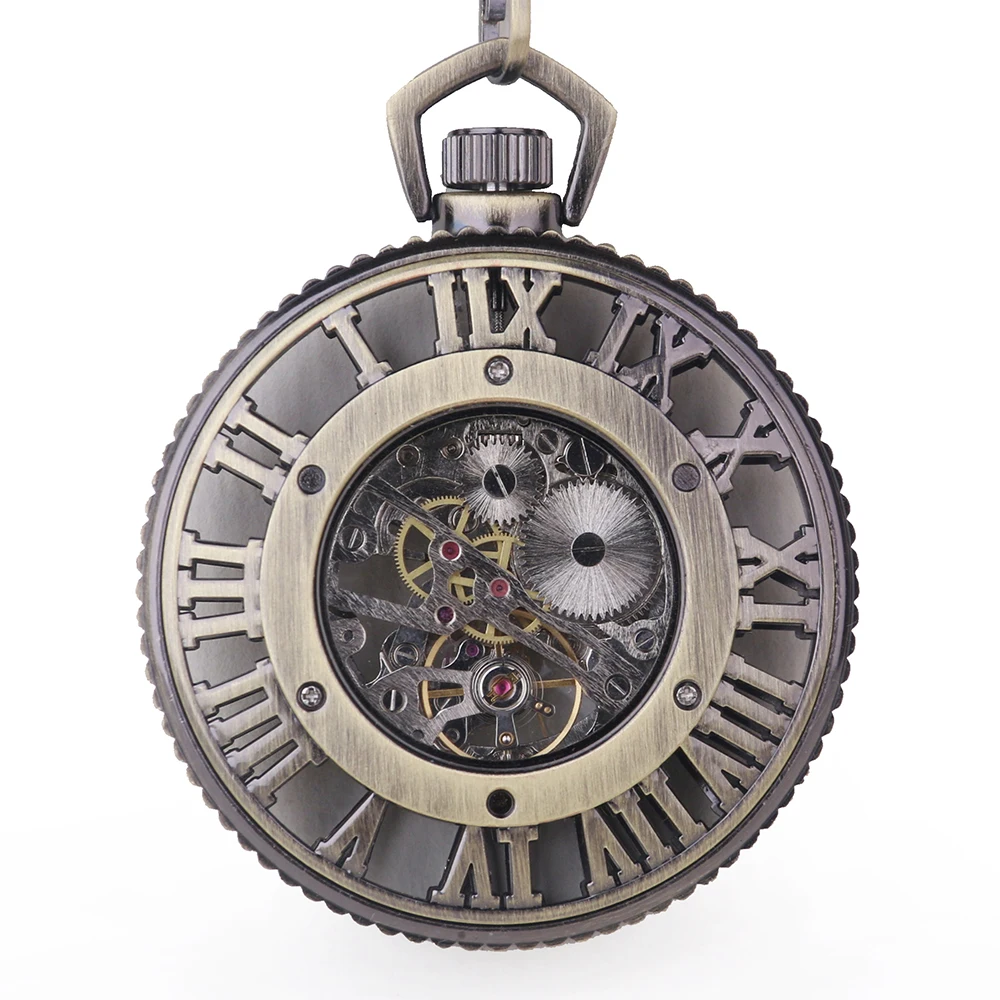 Vintage Skeleton Handicraft Roman Numerals Display Mechanical Pocket Watch Antique Steampunk Mechanical Manual Round Clock