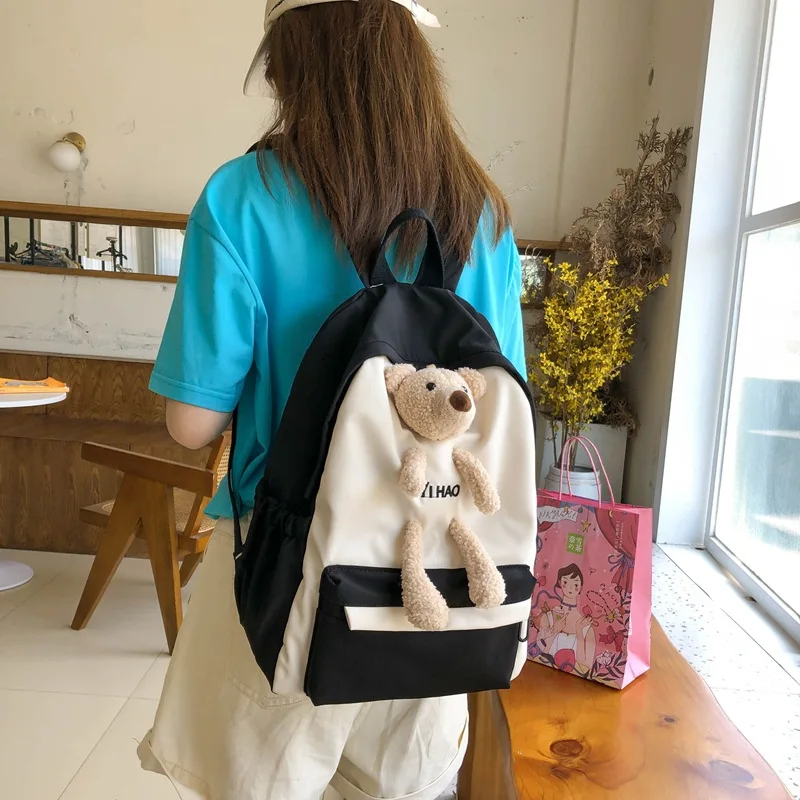 Cartoon Cute Backpack With Bear Contrast color Fresh School Bag for Teenage Girls Book Bags Women Shoulder Bags