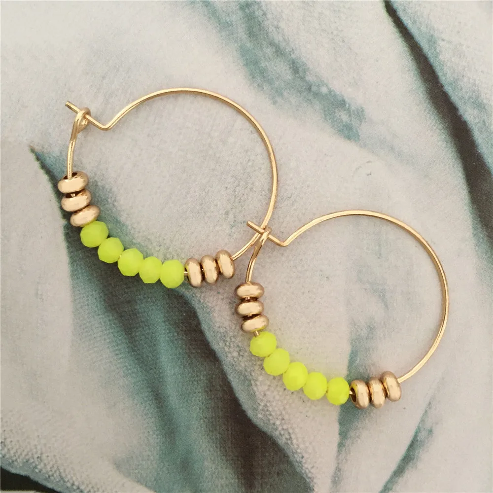 Lovely Simple Basic Gold Color Thin Hoop With Colorful Bead Metallic Strand Neon Yellow Pink Blue Earrings For Women Jewelry