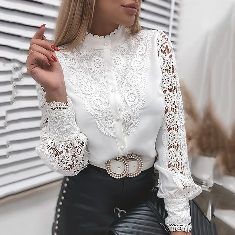 

White Elegant Lace Hollow Out Women Blouse 2021 Spring Long Sleeve Shirts Y2K Buttons Mesh Top Autumn Vintage Ladies Clothes