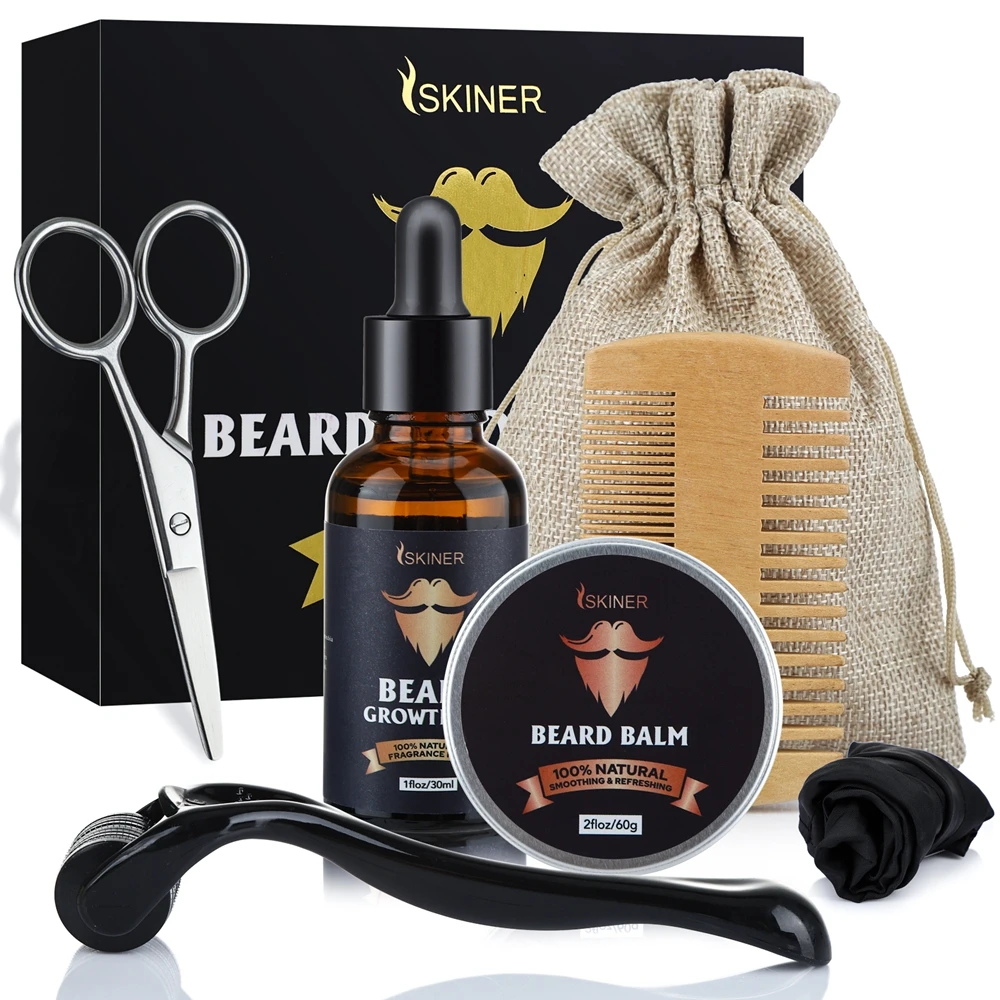 

1 Set Men Beard Grooming Kit Mustache Beard Hair Growth Oil Styling Tool Beard Essential Balm Comb Moisturize Wax Scissor Roller