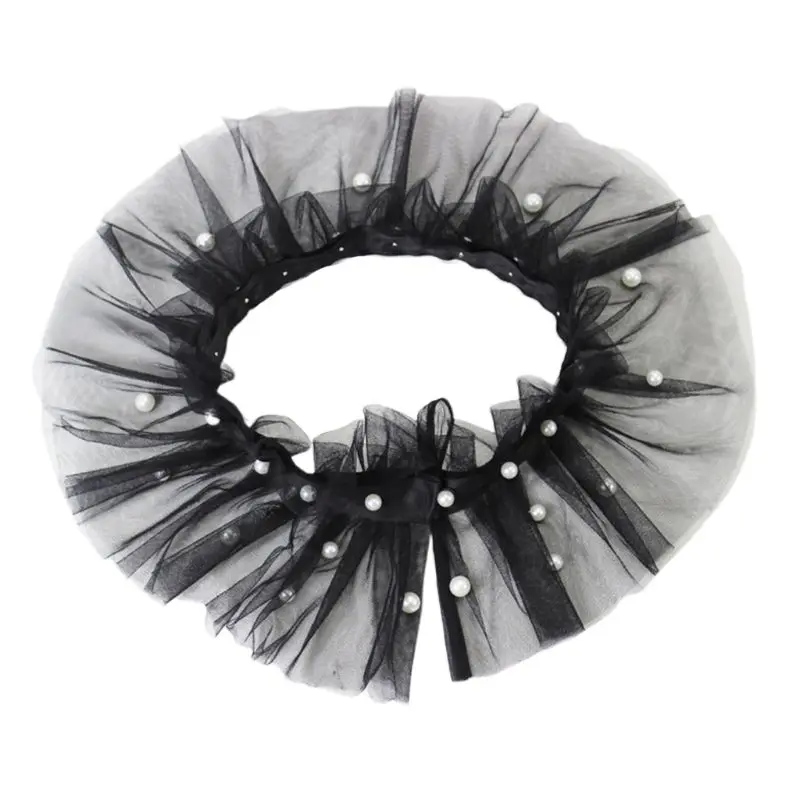

Women Sweet Ruffles Sheer Mesh Fake Collar Imitation Pearl Beaded Necklace Shawl