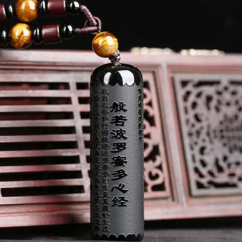 

Natural Black Obsidian Hand Carved Heart Sutra Cylindrical Pendant Fashion Jewelry Men Women Heart Sutra Lucky Amulet Necklace