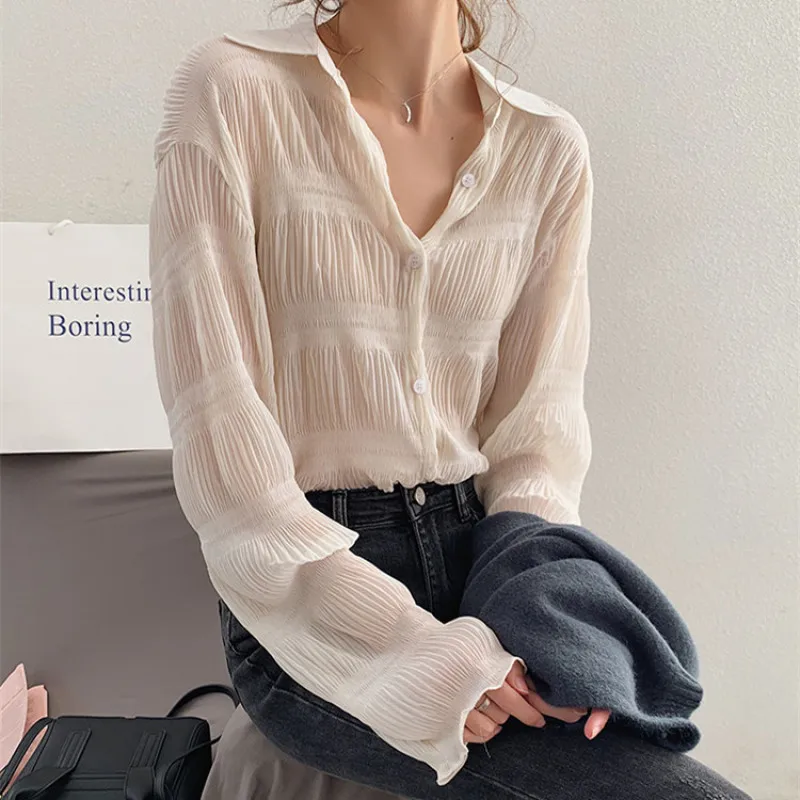 

New 2021 Spring Vintage Elegant Women Chiffon Blouses Casual Long Sleeve Blusas Femme Turn-down Collar Solid Shirts Female Tops