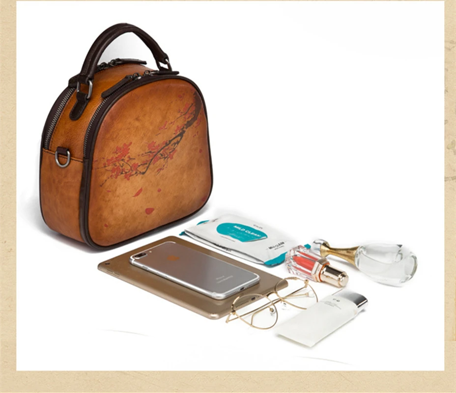 New Retro Women's Shoulder Bag Plum Blossom Series First Layer Cowhide Fashion Casual Diagonal Portable