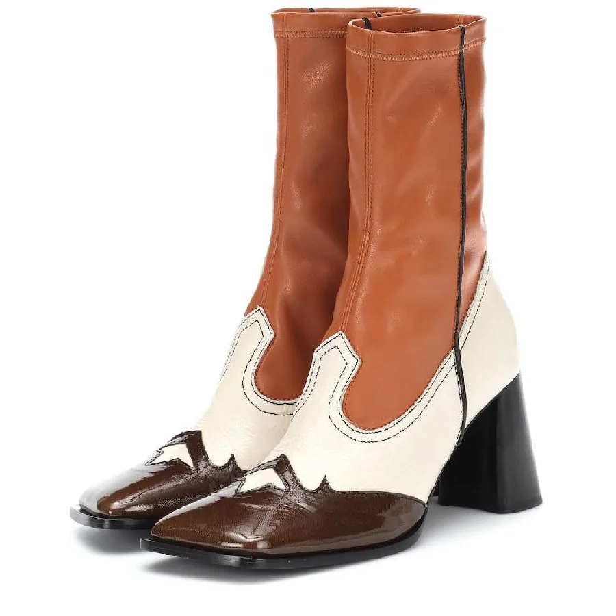 Ботильоны женские кожаные составного кроя на высоком массивном каблуке с