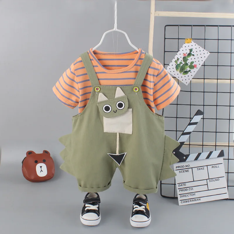 

Summer Children's Clothes Boys Girls Cat Loose Overalls T-shirt Suit Baby Cartoon Striped Short Sleeve Tops Pants Two-piece Set