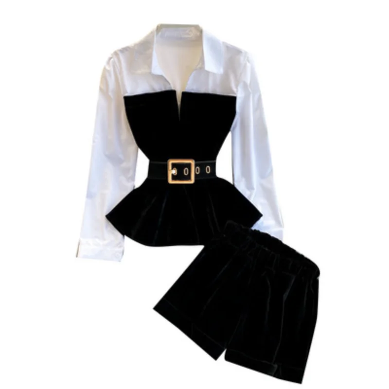 

2021 Spring Autumn Long Sleeve Velvet Tops with Belt Elastic Shorts Two Piece Set Women