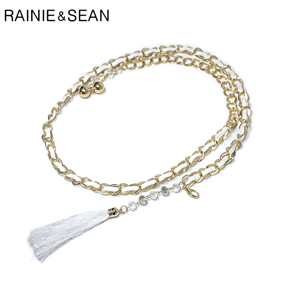 Женский тонкий пояс с кисточками и стразами RAINIE SEAN элегантный черного золотого