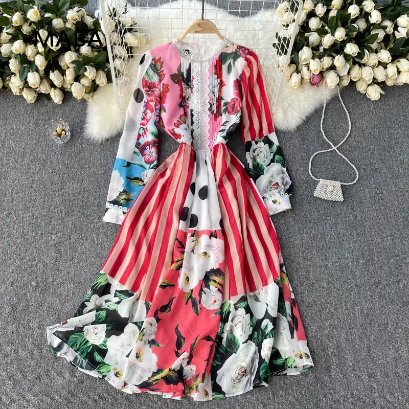 

Luxury dress women's new autumn o-neck lace decoration hit color big swing dress high quality runway dresses Vestidos