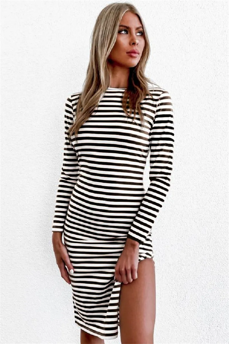 

Sexy Club Striped Dress Tummy Control Bodycon Dress 2021 Women Spring Autumn White Knitted Sweater Split Dresses Robe Femme