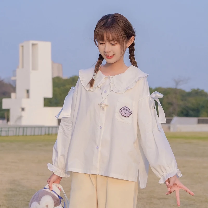 

OLOMLB Kawaii Long-Sleeve Shirt Women's Japanese Style Soft Sweet Clothing For Girl Summer Cute Square Collar Blouse Female